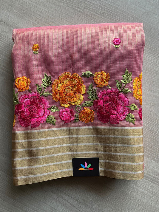 Muted Rose Pink Embroidered Tissue Kota Saree-18670