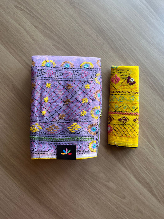 Hand embroidered Blended Cotton Saree with Contrast Blouse -19047