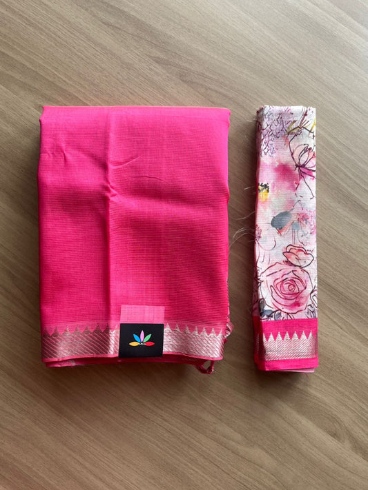Zari Border Handloom Mangalagiri Silk Cotton Saree with Digital Printed Blouse Fabric -19211