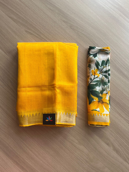 Zari Border Handloom Mangalagiri Silk Cotton Saree with Digital Printed Blouse Fabric -19212