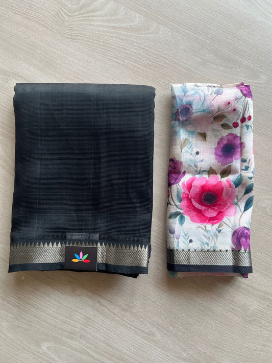 Zari Border Handloom Mangalagiri Silk Cotton Saree with Digital Printed Blouse Fabric -19214