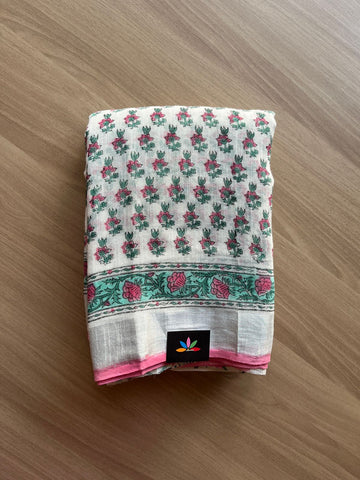 Handblock Printed Linen Cotton Saree -19348-19350