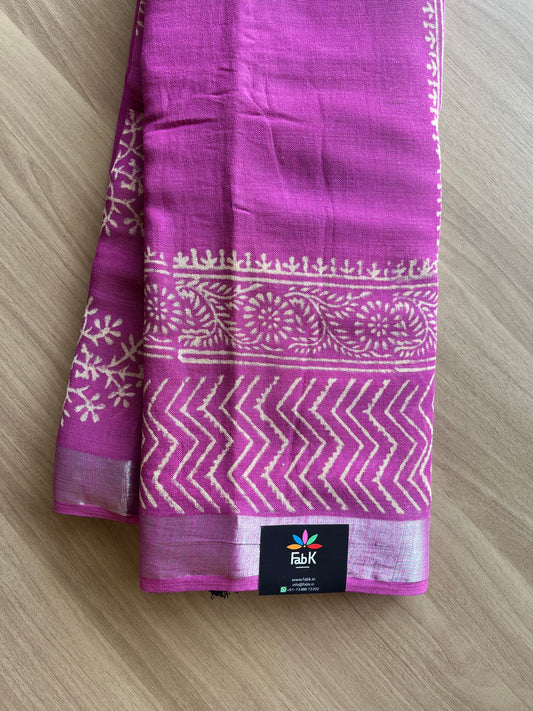 Handblock Printed Linen Cotton Saree -19354-19356