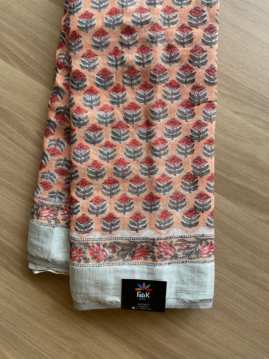 Handblock Printed Linen Cotton Saree -19358-19360