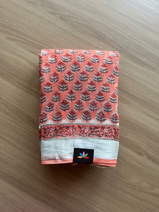 Handblock Printed Linen Cotton Saree -19358-19360