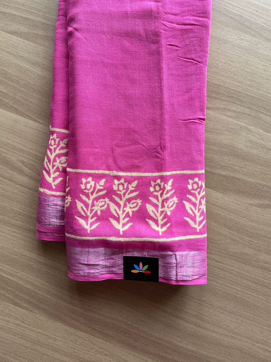 Handblock Printed Linen Cotton Saree -19361-19363