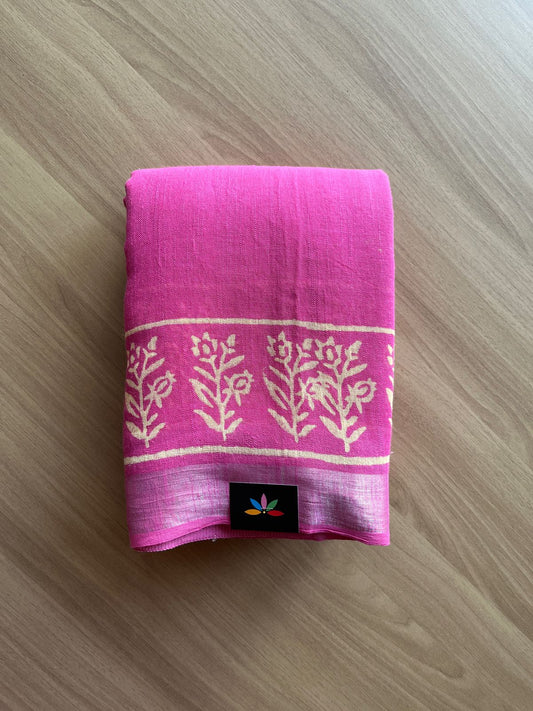Handblock Printed Linen Cotton Saree -19361-19363
