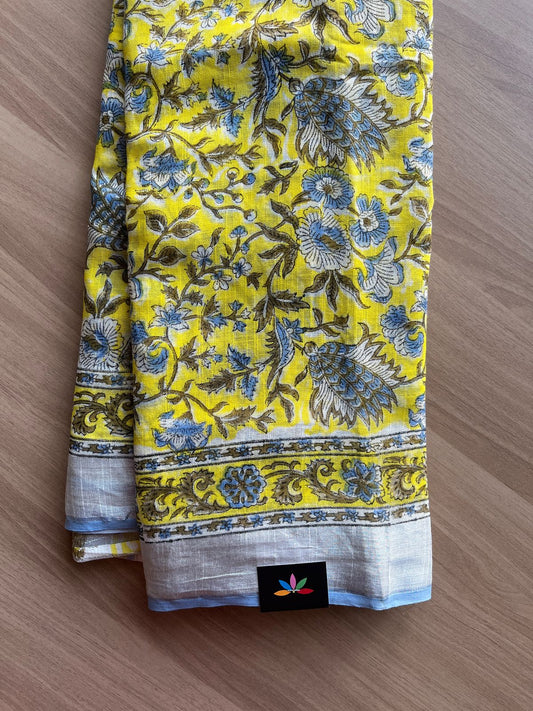 Handblock Printed Linen Cotton Saree -19364-19366