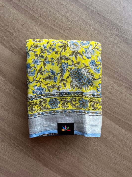 Handblock Printed Linen Cotton Saree -19364-19366