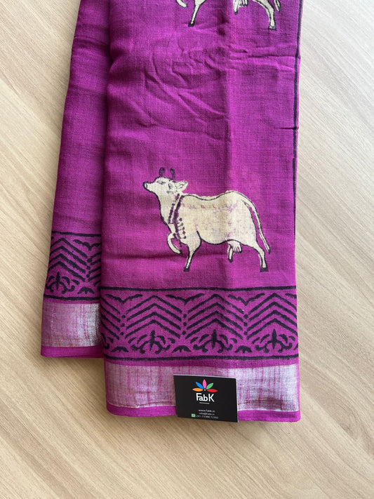 Handblock Printed Linen Cotton Saree -19399-19402