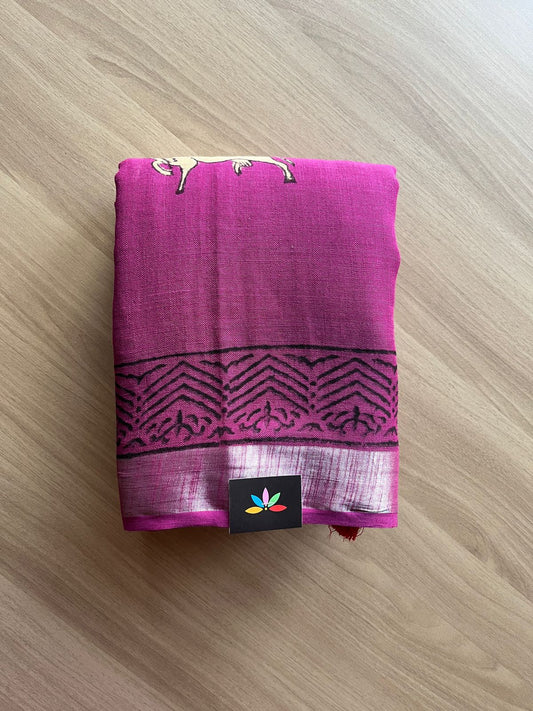 Handblock Printed Linen Cotton Saree -19399-19402