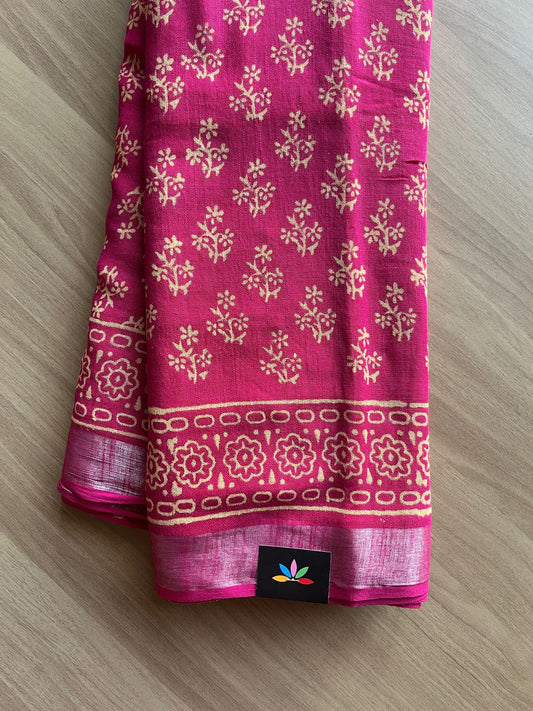 Handblock Printed Linen Cotton Saree -19411-19413