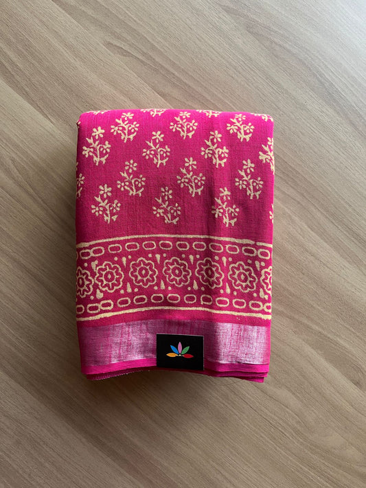 Handblock Printed Linen Cotton Saree -19411-19413