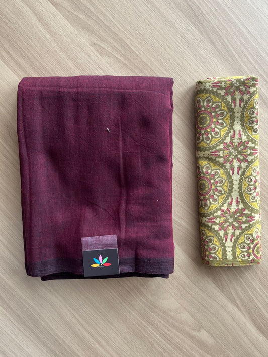 Plain Mul Cotton Saree Paired with Contrast Blouse -19653-19655
