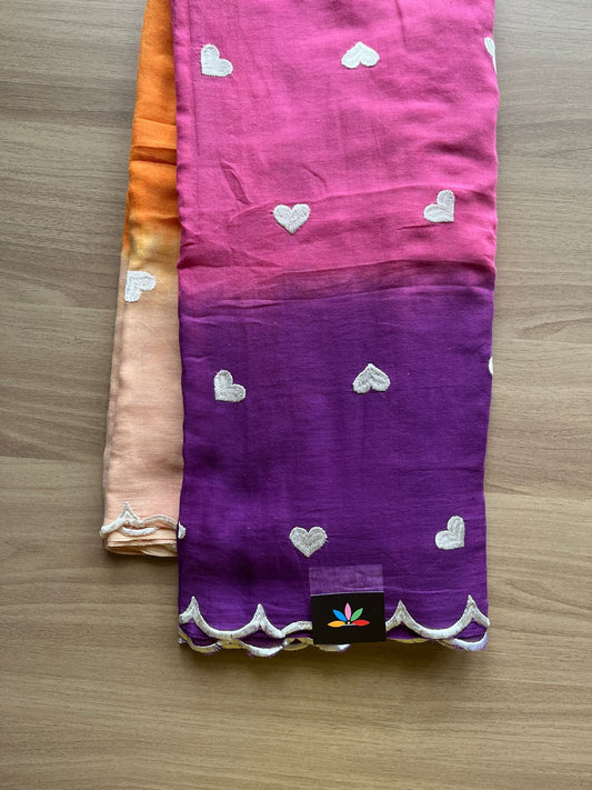 Ombre Heart Embroidered Scallop Border Mul Cotton Saree-19804