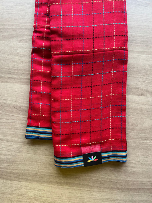 Simple Soft Cotton Kantha Stitch Checks Saree -19812