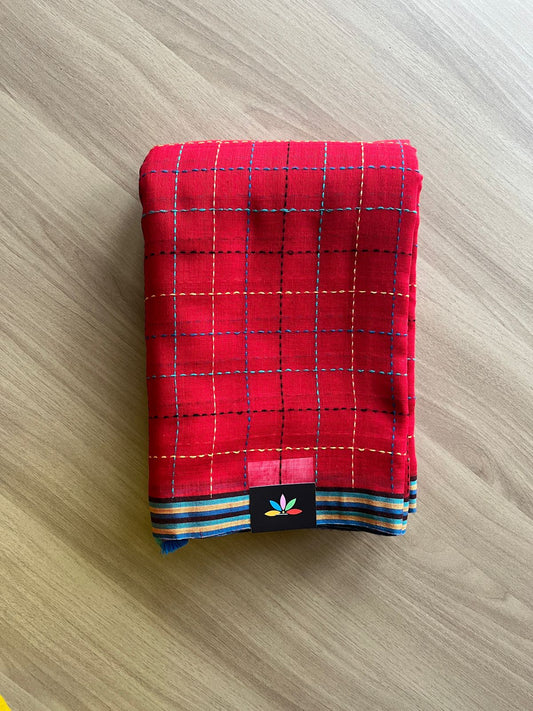 Simple Soft Cotton Kantha Stitch Checks Saree -19812