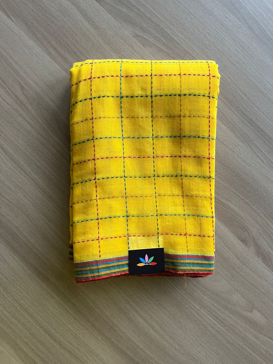 Simple Soft Cotton Kantha Stitch Checks Saree -19813