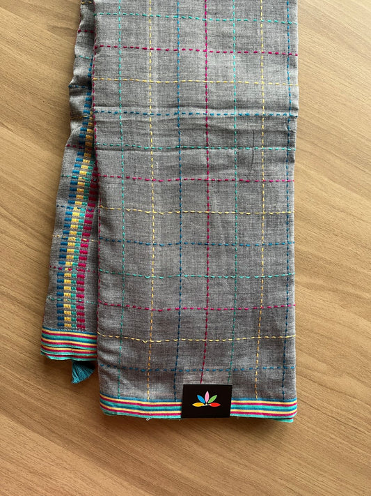 Simple Soft Cotton Kantha Stitch Checks Saree -19814