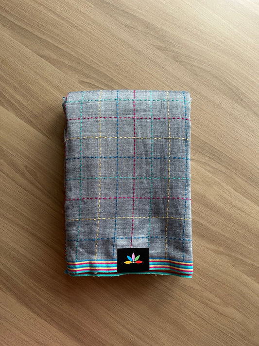 Simple Soft Cotton Kantha Stitch Checks Saree -19814