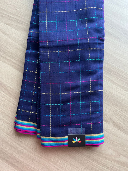 Simple Soft Cotton Kantha Stitch Checks Saree -19816