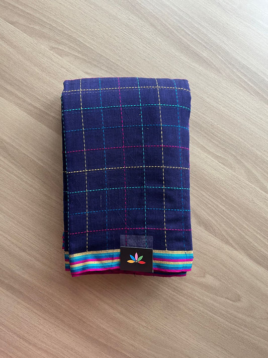 Simple Soft Cotton Kantha Stitch Checks Saree -19816