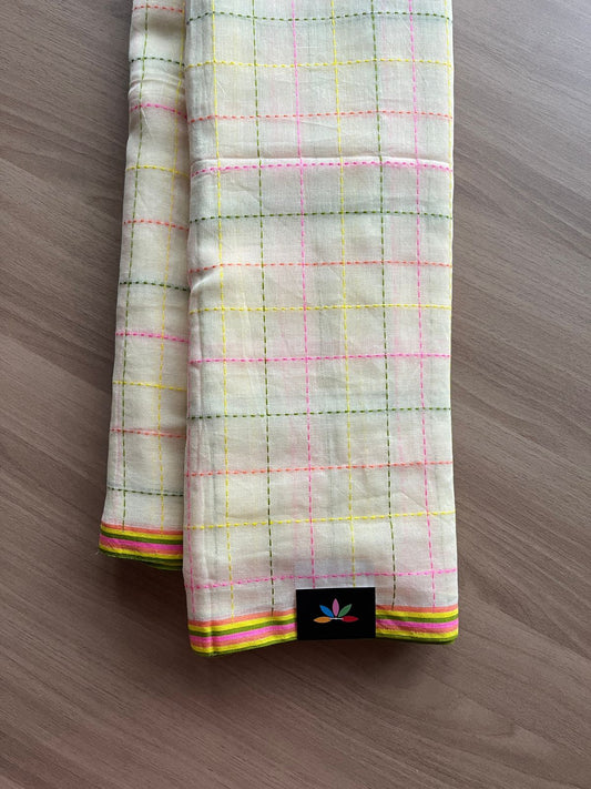 Simple Soft Cotton Kantha Stitch Checks Saree -19817