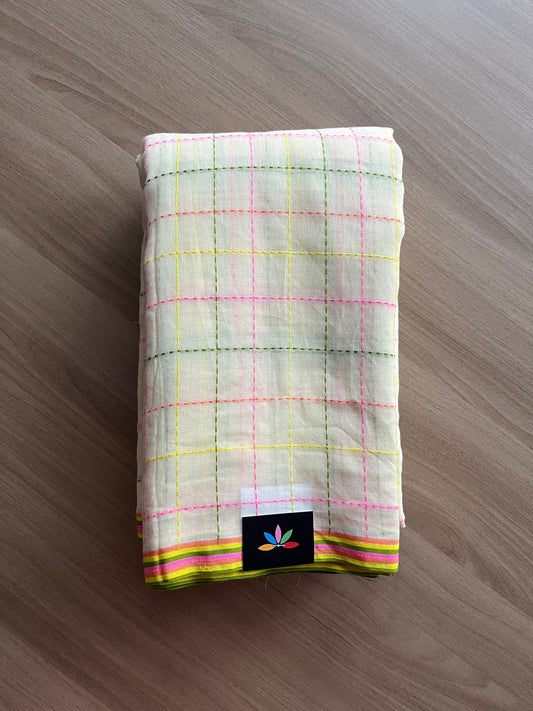 Simple Soft Cotton Kantha Stitch Checks Saree -19817