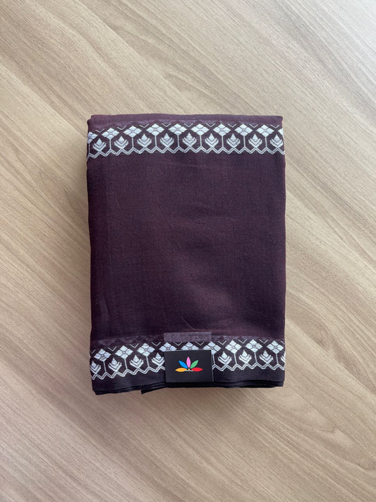 Deep Cocoa Plum Soft Cotton Saree with White Thread Motifs - 19846