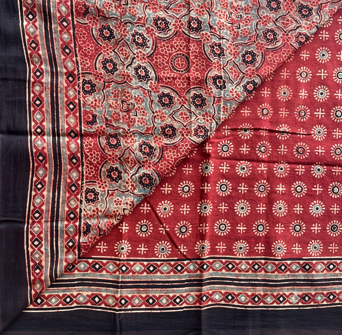 Natural Dye Ajrakh Handblock Printed Saree-19870 – Fabk-in