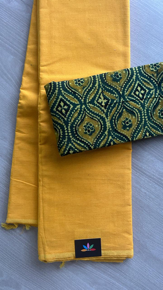 Plain Cotton Saree with Contrast Blouse-19919-19920