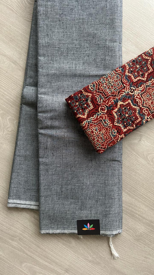 Plain Cotton Saree with Contrast Blouse-19957-19958