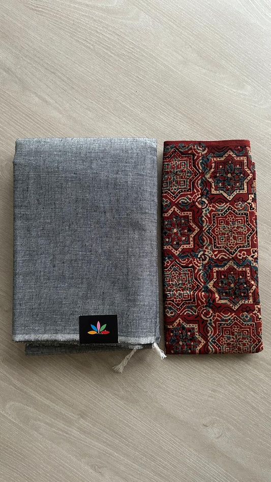 Plain Cotton Saree with Contrast Blouse-19957-19958