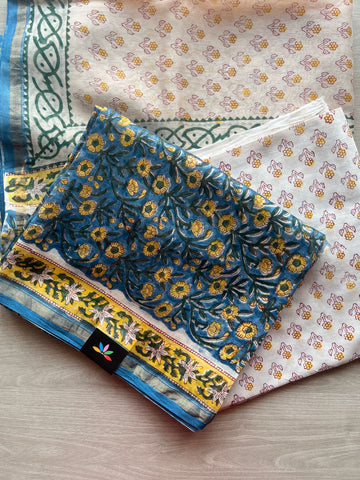 White & Deep Sky Blue Hand Block Printed Chanderi Cotton Silk 3 Piece Set- 29104