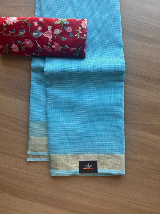 Zari Border Plain Kota Cotton Saree Paired with Contrast Blouse-20070