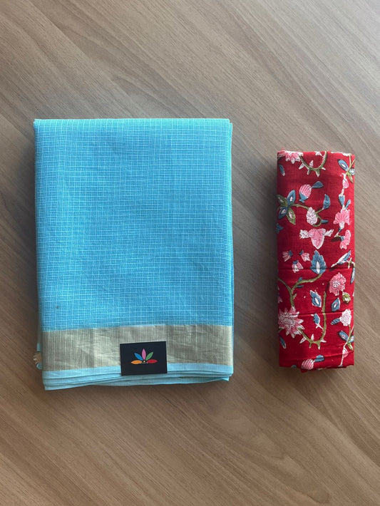 Zari Border Plain Kota Cotton Saree Paired with Contrast Blouse-20070