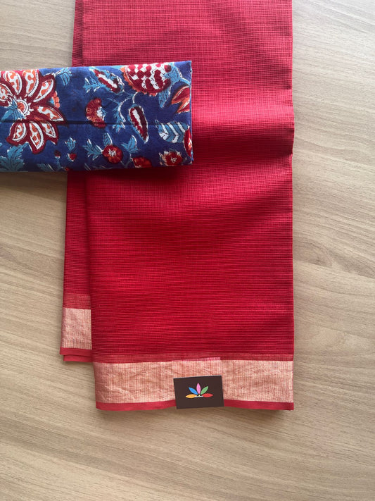 Zari Border Plain Kota Cotton Saree Paired with Contrast Blouse-20072