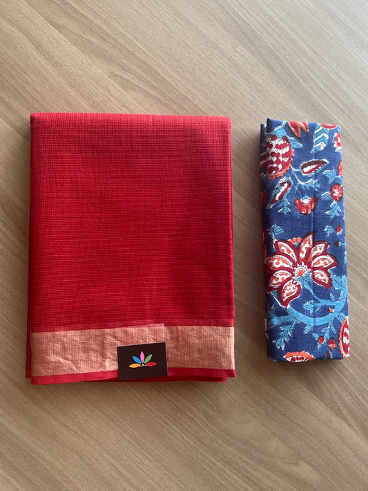 Zari Border Plain Kota Cotton Saree Paired with Contrast Blouse-20072