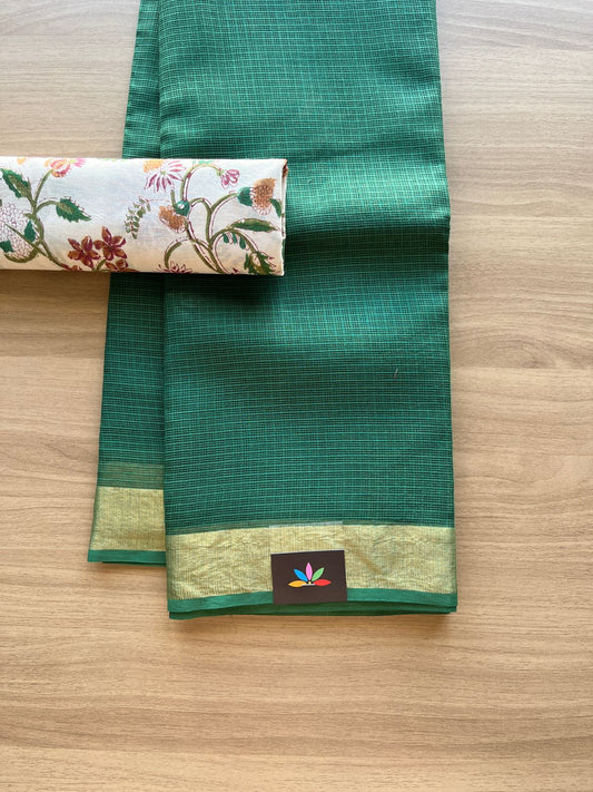 Zari Border Plain Kota Cotton Saree Paired with Contrast Blouse-20074