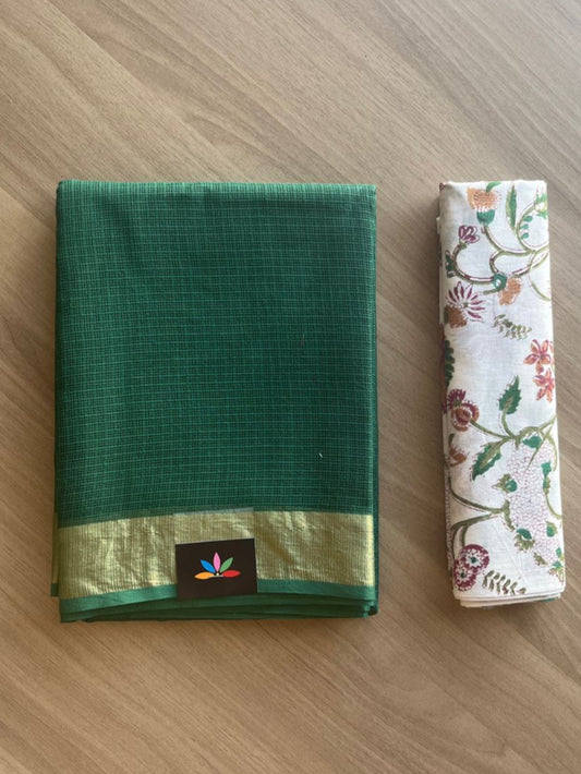 Zari Border Plain Kota Cotton Saree Paired with Contrast Blouse-20074