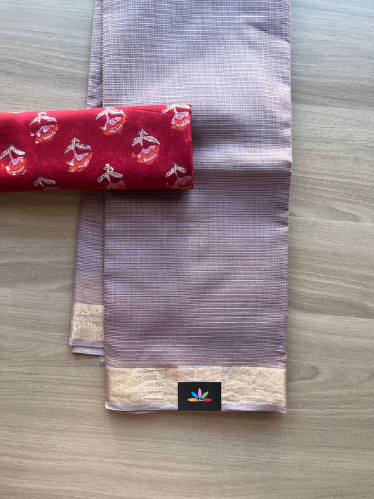 Zari Border Plain Kota Cotton Saree Paired with Contrast Blouse-20077