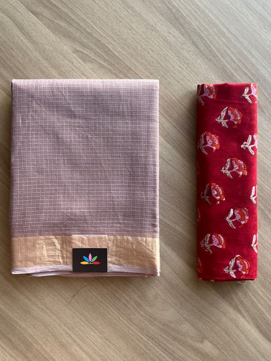 Zari Border Plain Kota Cotton Saree Paired with Contrast Blouse-20077