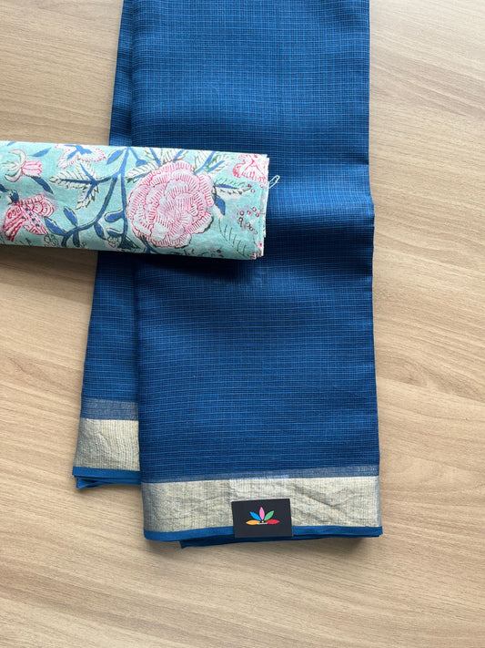 Zari Border Plain Kota Cotton Saree Paired with Contrast Blouse-20079