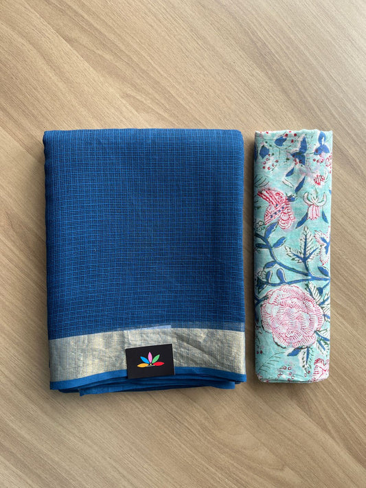 Zari Border Plain Kota Cotton Saree Paired with Contrast Blouse-20079