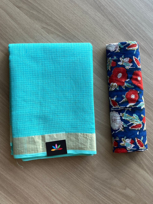 Zari Border Plain Kota Cotton Saree Paired with Contrast Blouse-20080