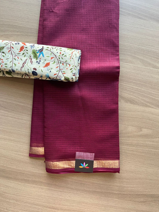 Zari Border Plain Kota Cotton Saree Paired with Contrast Blouse-20084