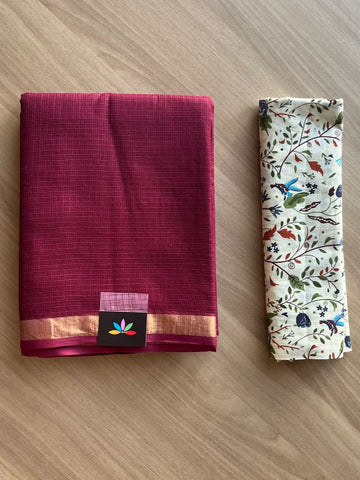 Zari Border Plain Kota Cotton Saree Paired with Contrast Blouse-20084