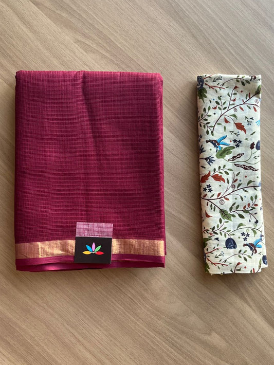 Zari Border Plain Kota Cotton Saree Paired with Contrast Blouse-20084
