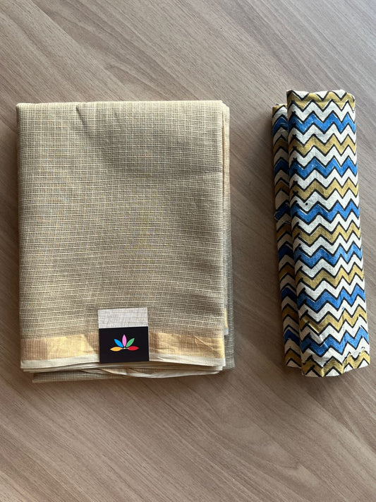 Zari Border Plain Kota Cotton Saree Paired with Contrast Blouse-20085