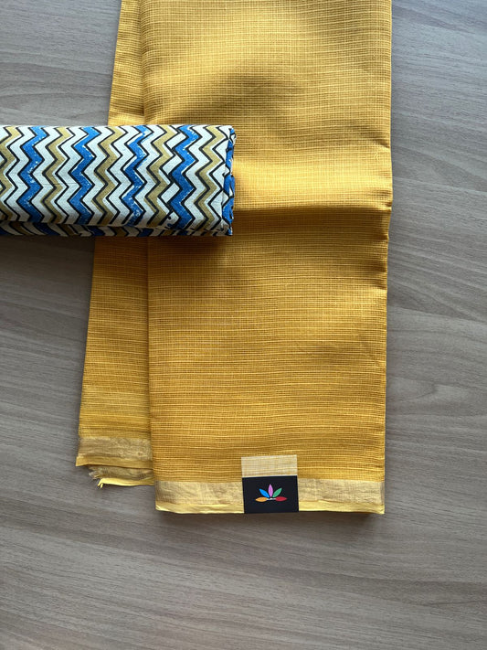 Zari Border Plain Kota Cotton Saree Paired with Contrast Blouse-20088